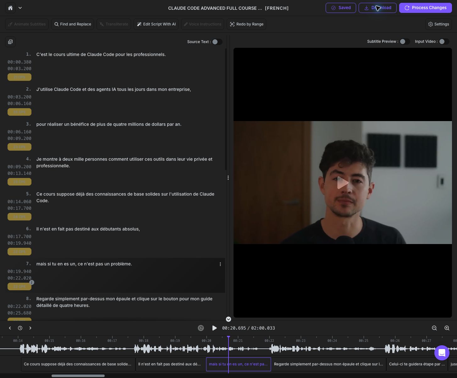 Dubverse Studio editor showing timestamped French transcript segments with CPS reading-speed highlighting