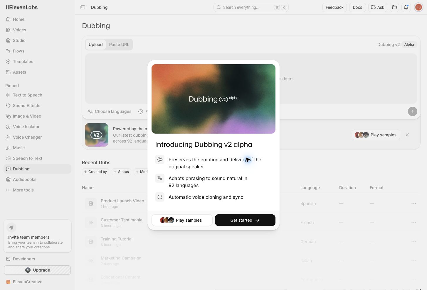 ElevenLabs Dubbing v2 alpha welcome screen, advertising emotion preservation across 92 languages with automatic voice cloning
