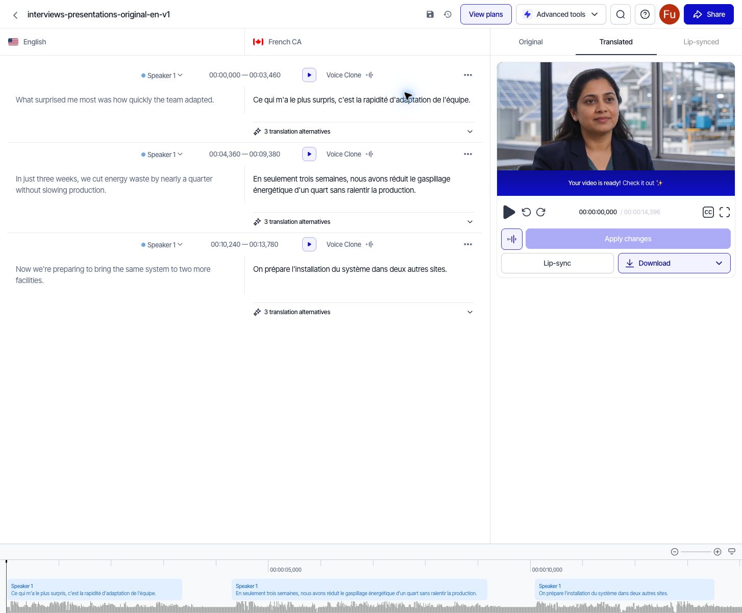 Rask AI dubbing editor with side-by-side English and French segments, each offering three alternative translations
