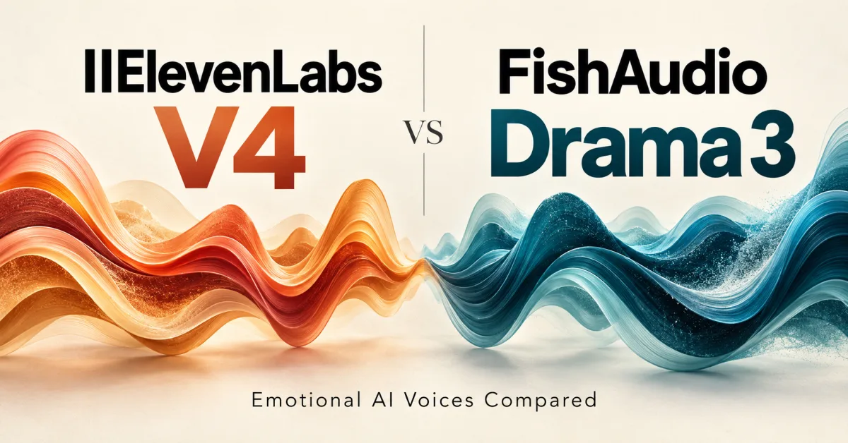 ElevenLabs V4 and FishAudio Drama 3 comparison with coral and teal audio waveforms