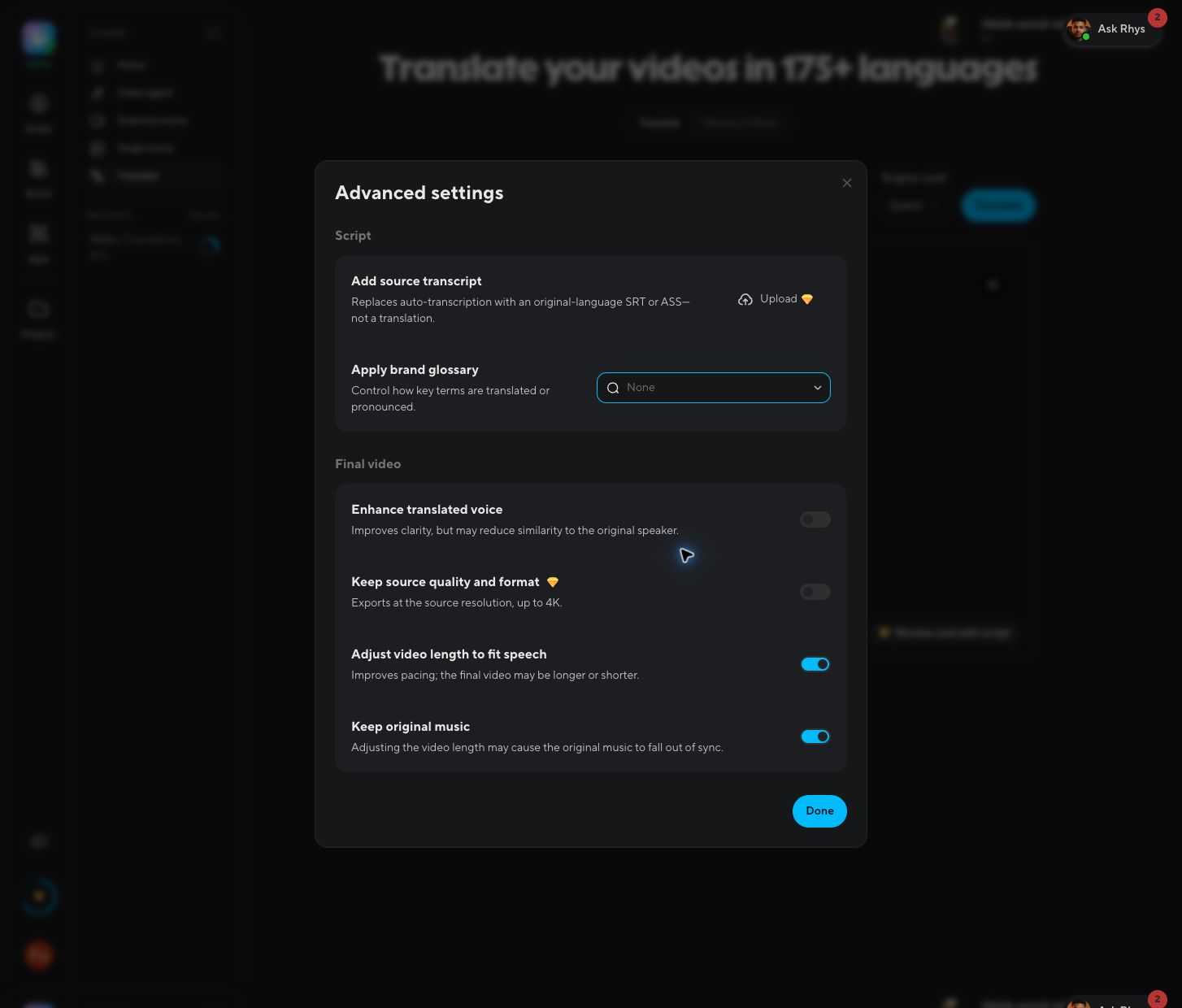 HeyGen video translate advanced settings showing voice enhancement and video length adjustment options with quality tradeoff warnings