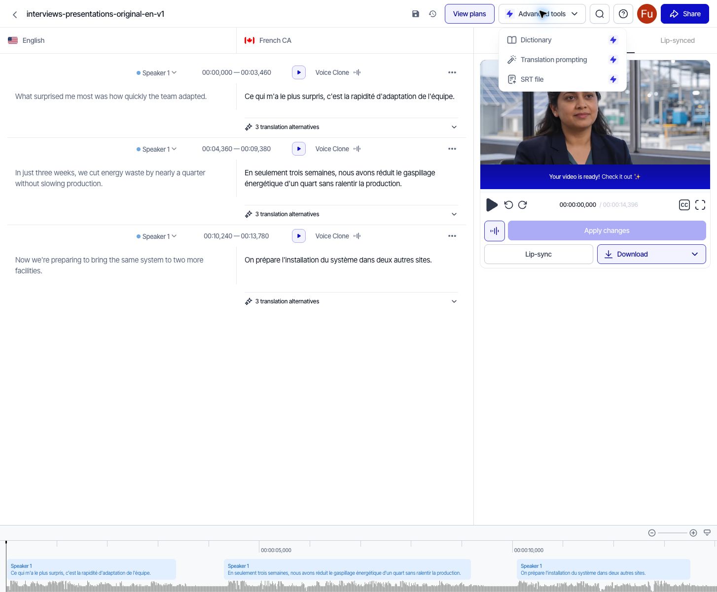 Rask AI advanced dubbing tools including per-segment voice clone and lip sync controls